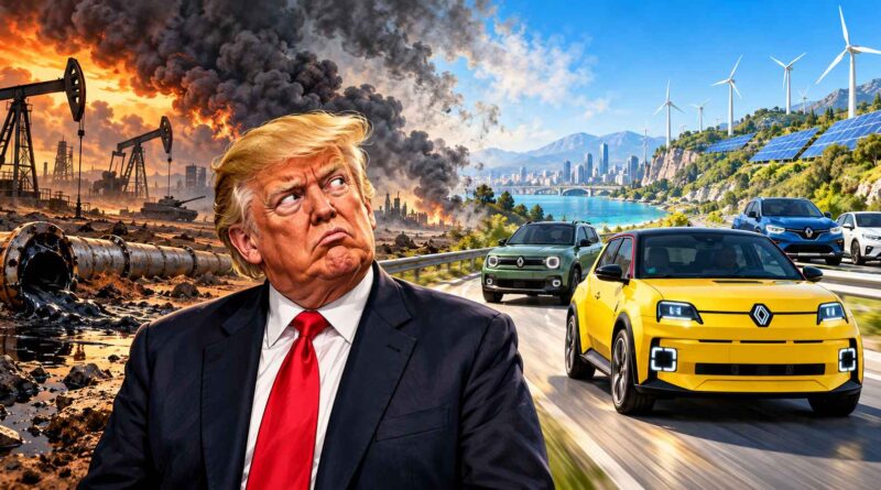 Satirische illustratie van Donald Trump tussen olie-industrie en oorlog, terwijl elektrische auto’s en duurzame energie terrein winnen.